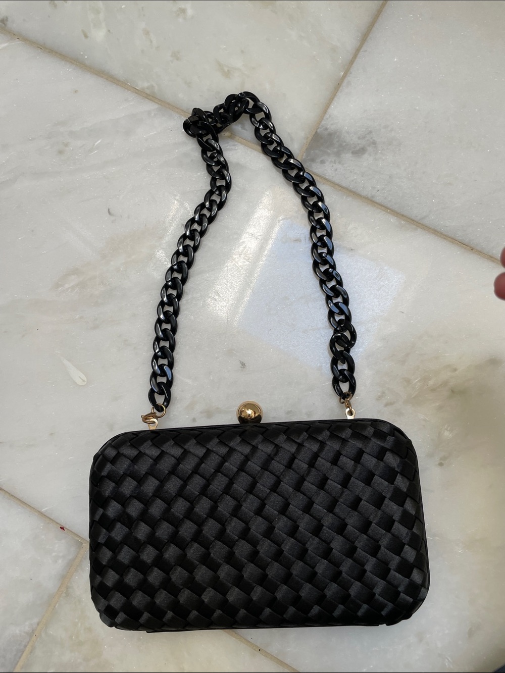 Source Unknown Black Woven Satin Clutch with Chain Handle